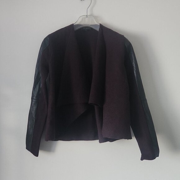 TED BAKER | Leather trim jacket blazer cardigan 100% wool black purple sz XS - Picture 2 of 9
